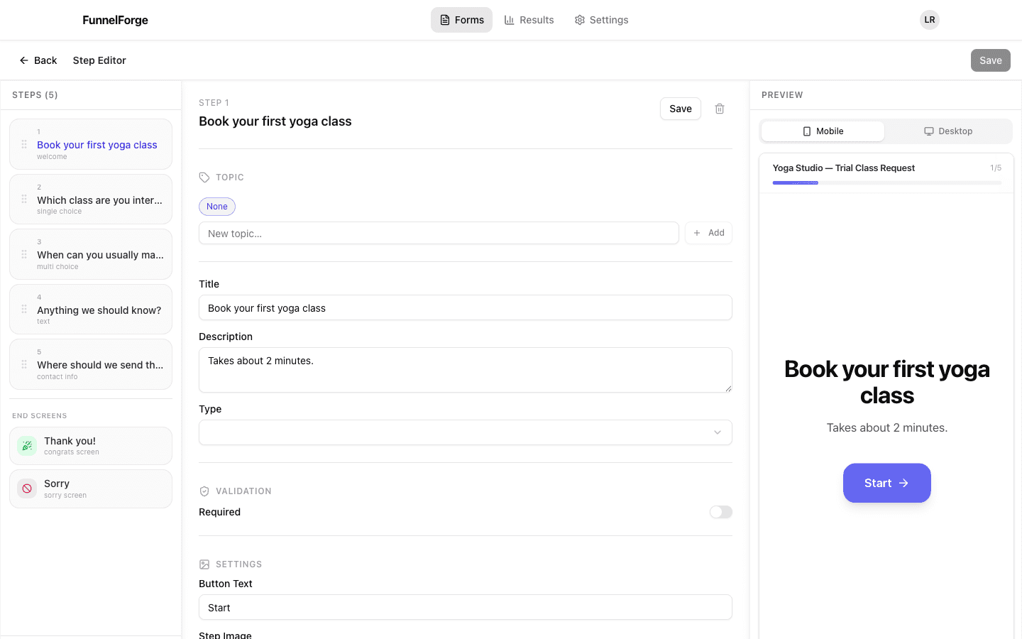 The FunnelForge form builder with Questions, editing controls and a live phone preview.