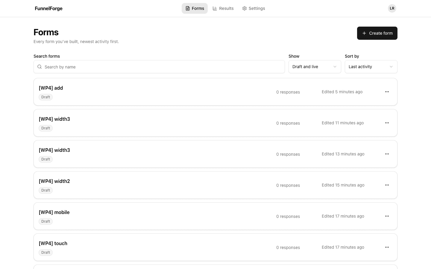 The FunnelForge Forms list with lifecycle states, Response counts and recent activity.