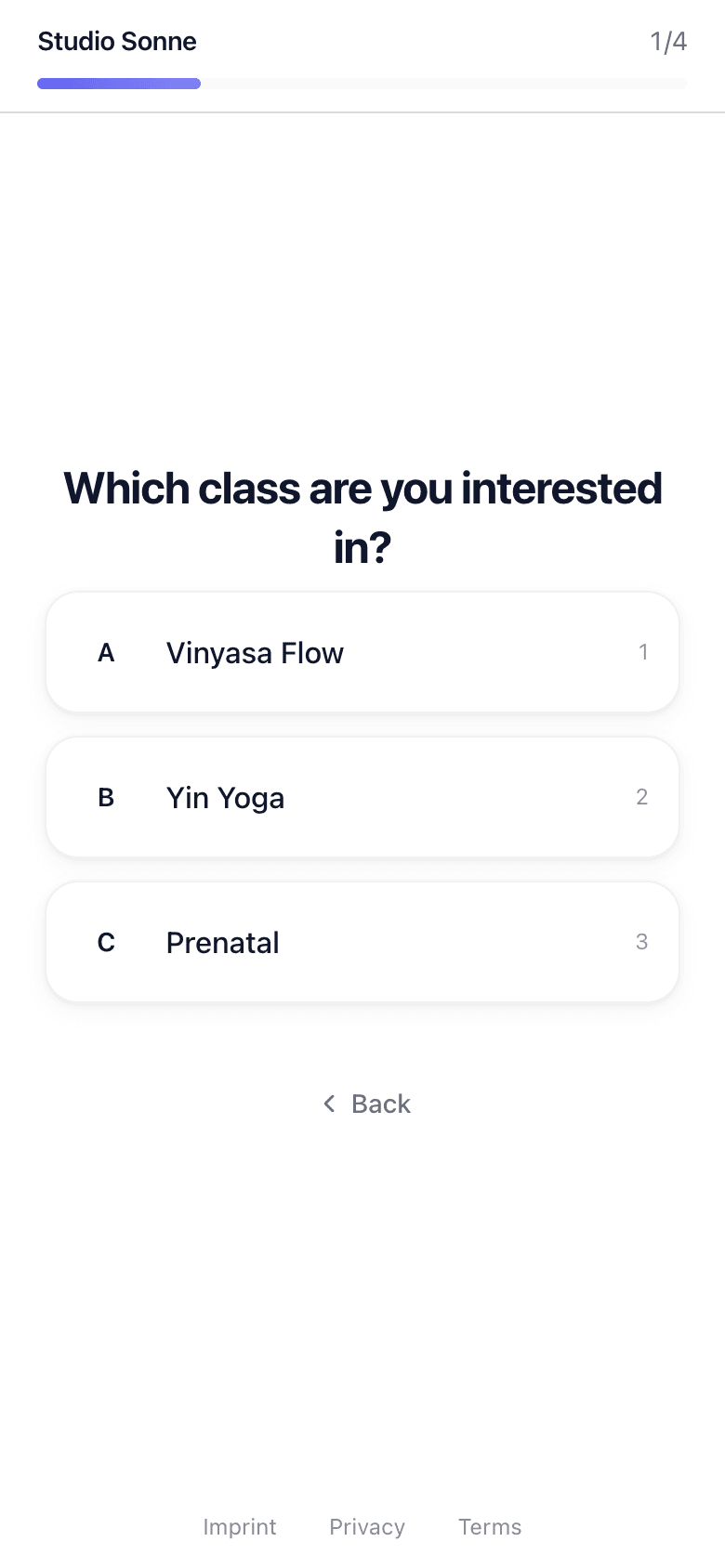A published FunnelForge Form on a phone, showing one Question and large answer choices.